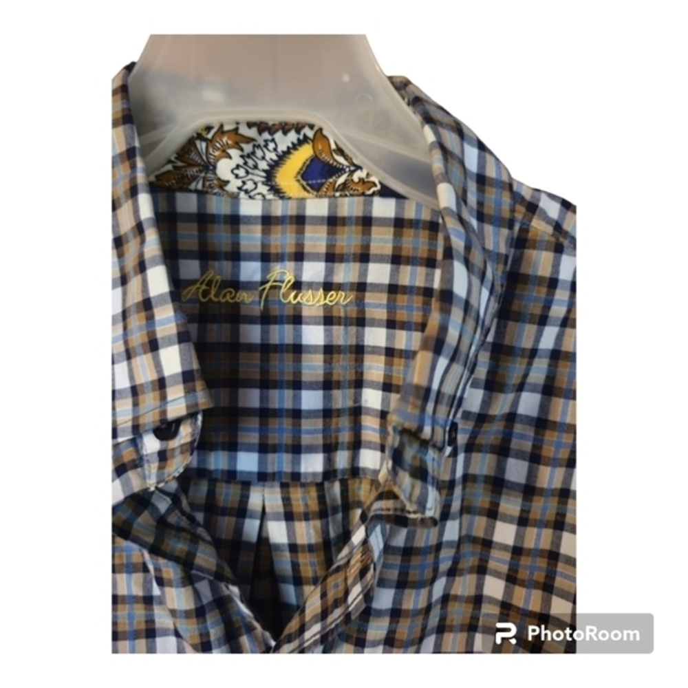 Alan Flusser Blue Brown Plaid Paisley Flip Cuff Shirt Butotn Down‎ Med